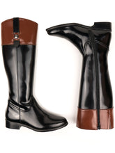 Charger l&#39;image dans la galerie, bottes cavalieres en Simili cuir vegan noir verni avec haut marron