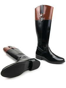 bottes cavalieres en Simili cuir vegan noir verni avec haut marron