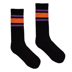 chaussettes de skate style année 70, noire à rayures oranges et violettes