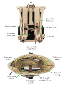 Sac à dos en chanvre Waterproof - Beige and Green